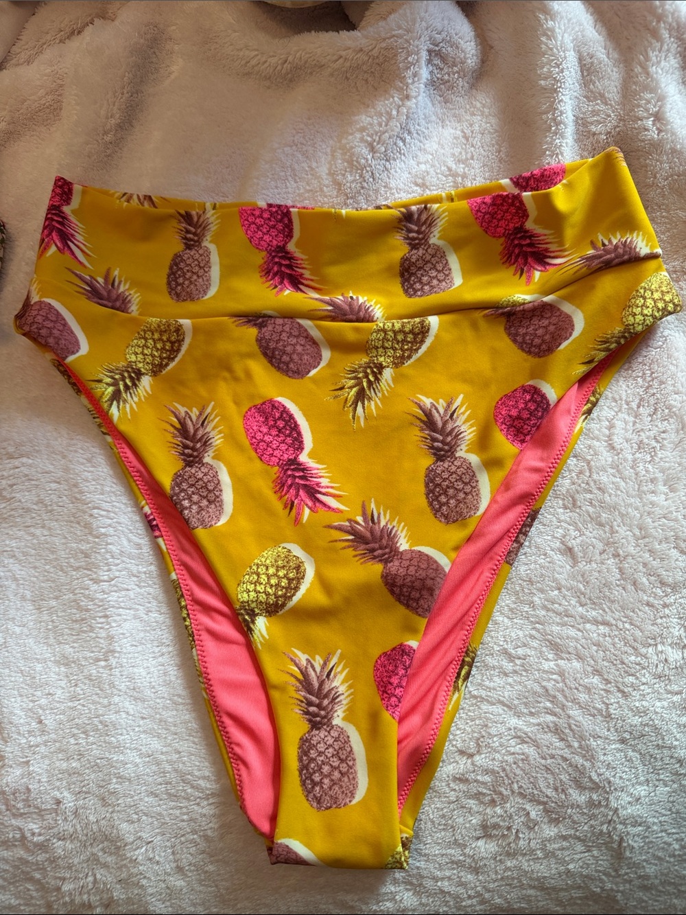 aerie High Cut cheeky Pineapple Print Bikini Bottom in Yellow with Pink Trim